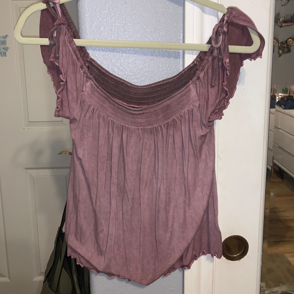 distressed maroon off the shoulder top